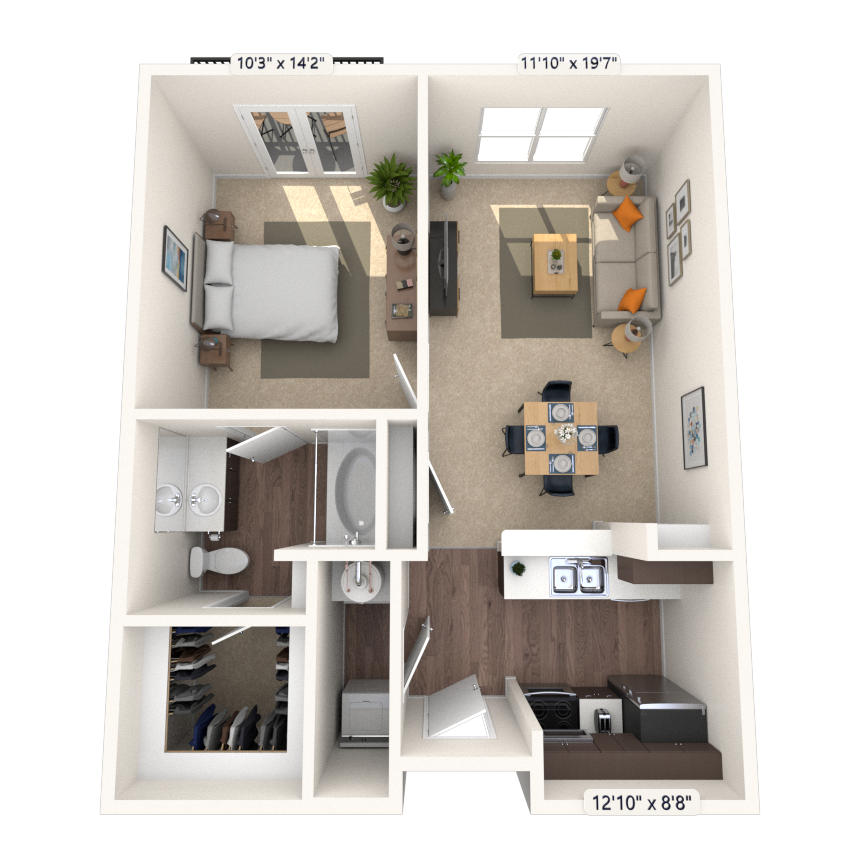 Floor plan for 1 bed, 1 bath, 605 sqft